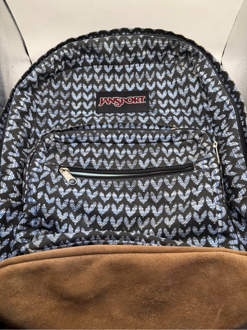 Jansport Originals Blue Heart Print Backpack Faux Suede Bottom Book Bag